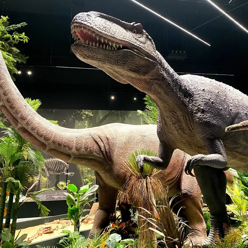 Dinosaur replicas in museum atrium